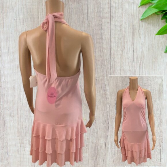 VOLUME ONE -- Halter Dress with Ruffled Skirt, Ties at Neck, Pink, Backless, NWT - Picture 2 of 16